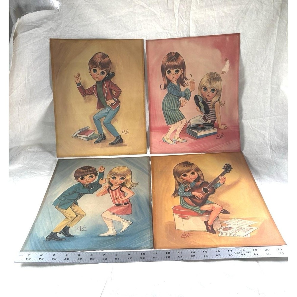 Big Eyes by Eve 1960's Litho SET OF 4 Prints 11"X14" Art Boy Girl Guitar Records - Picture 15 of 15